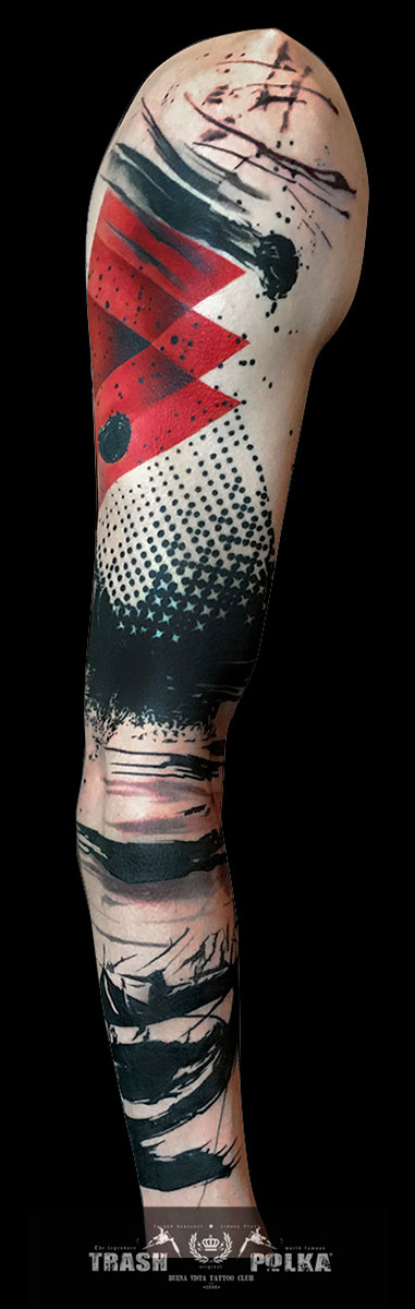 graphic trash polka arm with red triangels black pattern and brushstokes