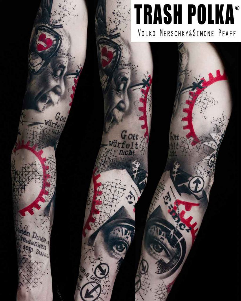 trash polka arm tattoo albert einstein gears dot pattern and a realistic women eye