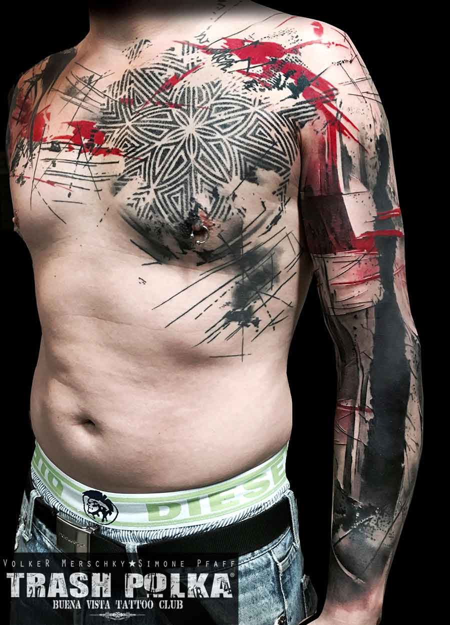 trash polka tattoo a men chest flower of life dot workx a bold black stripe on the arm and all connected with lines