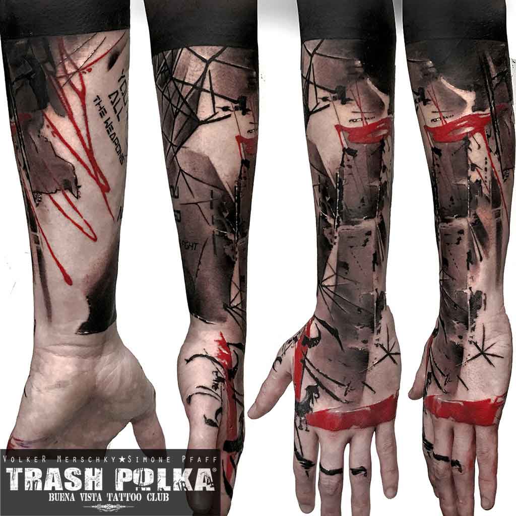 trash polka tattoo hand and forearm gray shading and red graphic abstract art