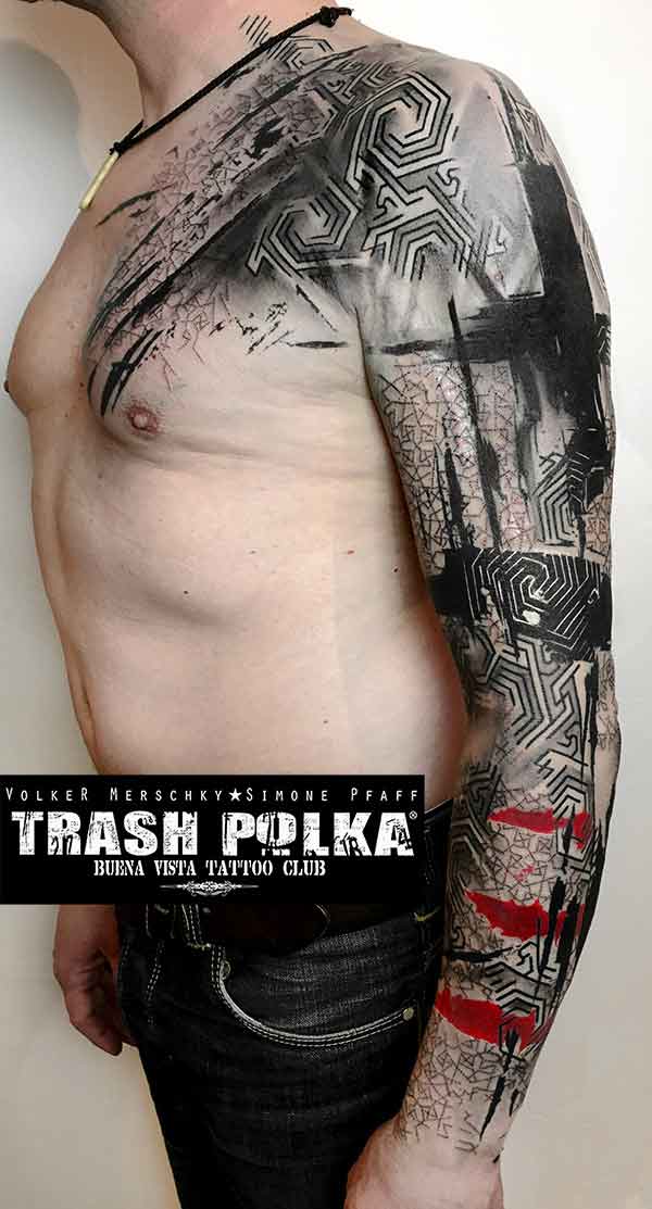 trash polka tattoo arm and chest pattern and graphic art