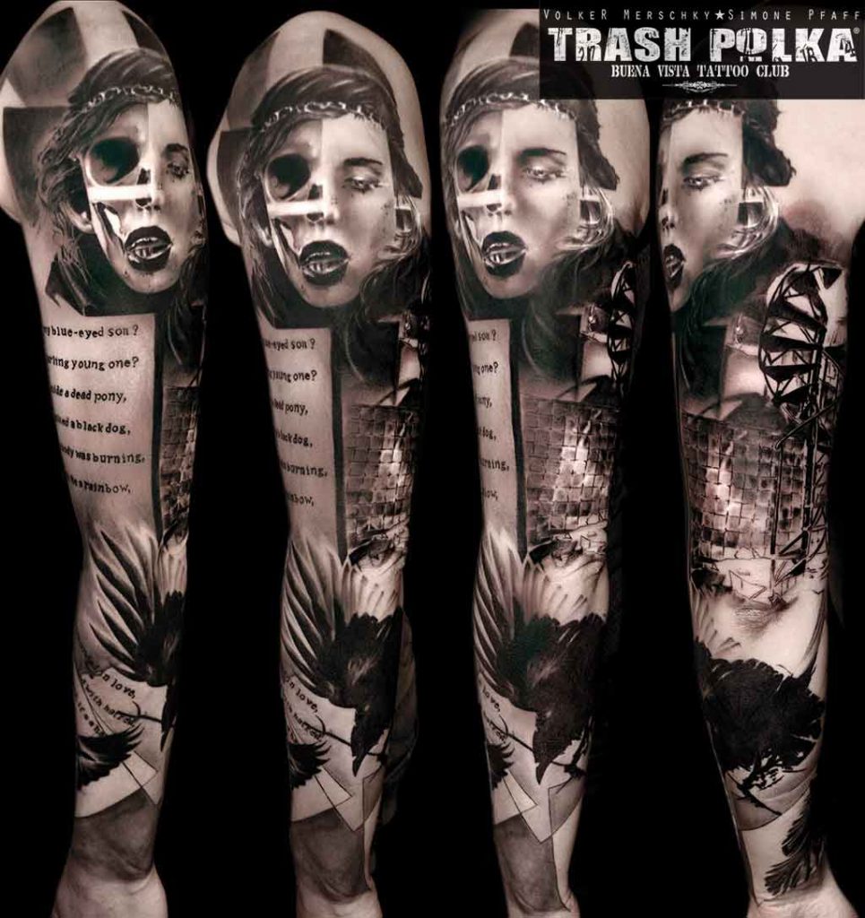 trash polka tattoo on a left arm shows a raven and a girls face turning into skull and graphic art arround