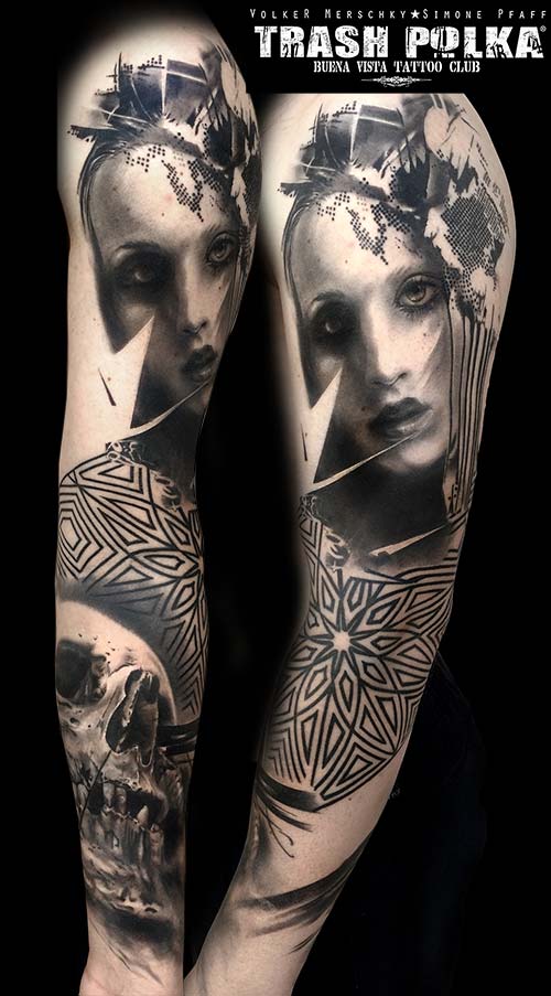 trash polka tattoo women face star pattern and skull