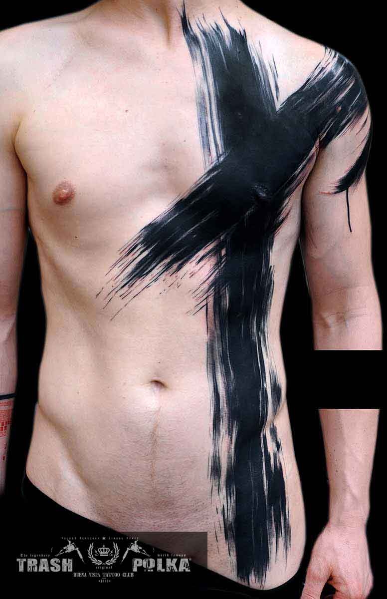 trash polka tattoo big bold black cross