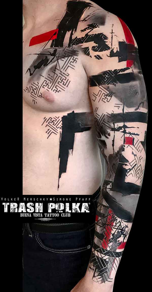 trash polka tattoo red black graphic arm and chest with lines and pattern