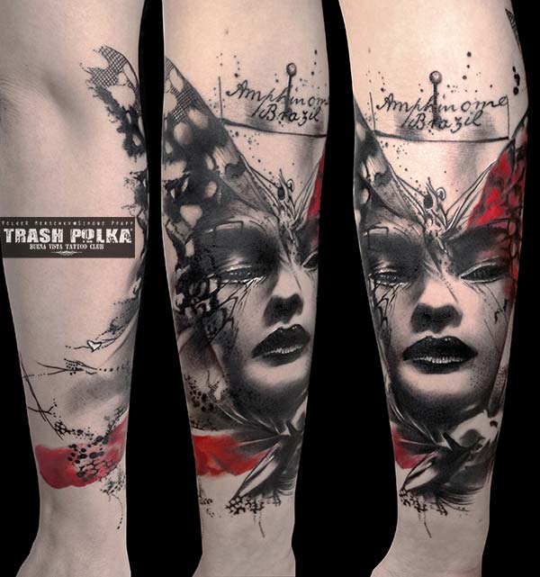 trash polka tattoo forearm woman face as a butterfly