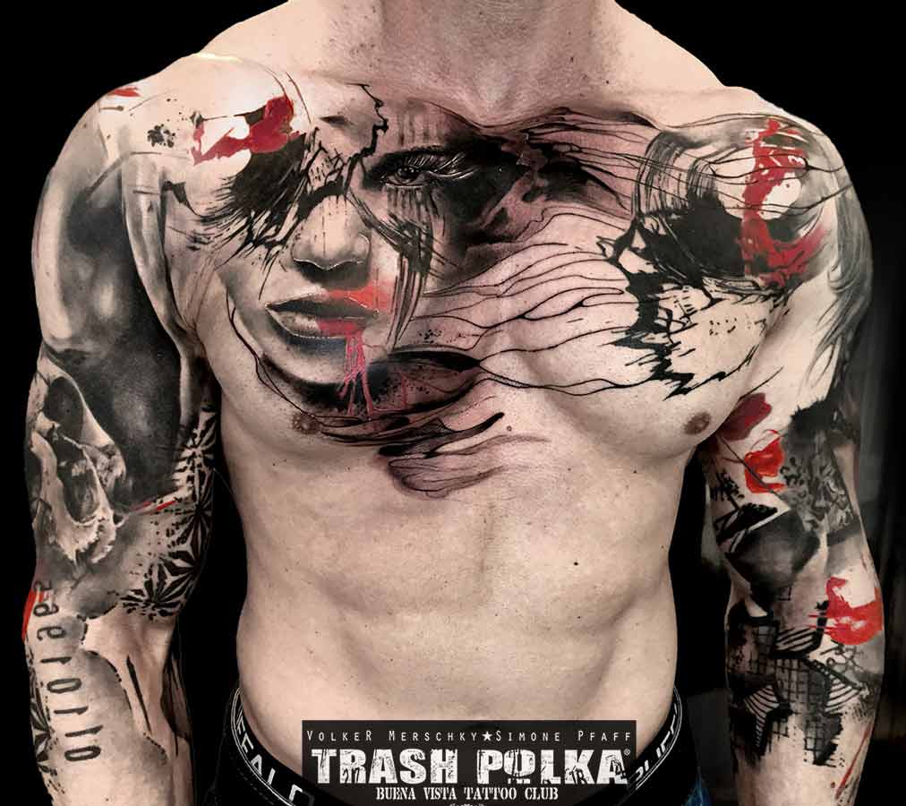 trash polka tattoo on a chest with a brush circle and a woman face