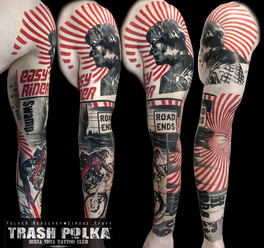 trash polka tattoo on arm dedicated to easy rider movie dennis hopper on the biker and peter fonda in dot work