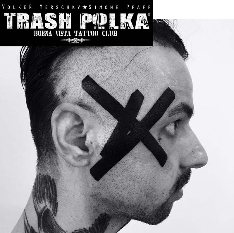 trash polka tattoo bold face tattoo black strpes tank barrier