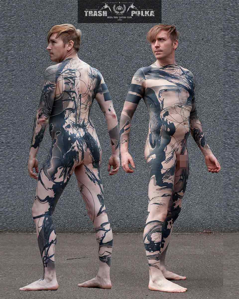 trash polka tattoo full body project flowing ink-like shapes dissolve the body shapes and transform the body