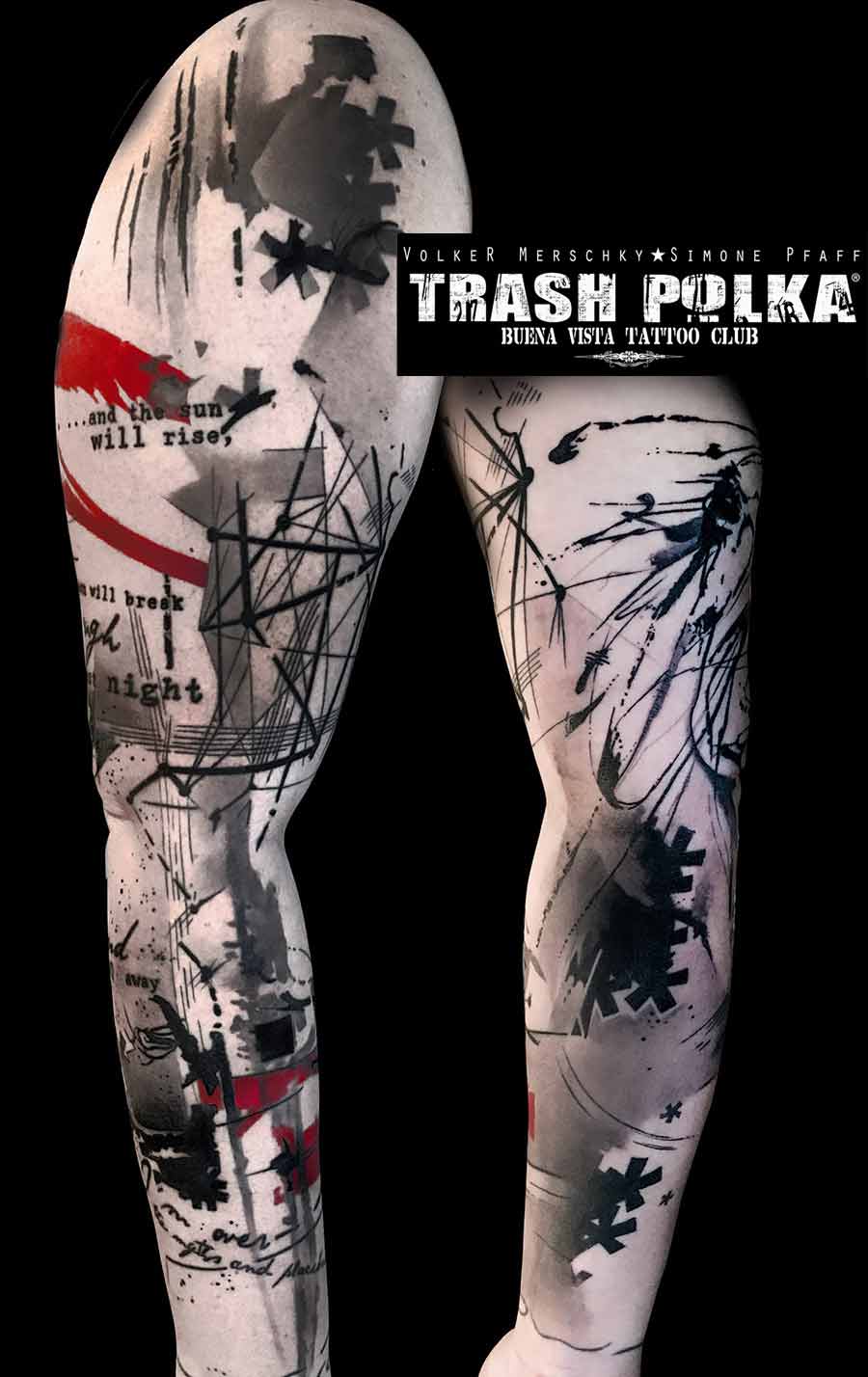 trash polka arm tattoo technical geometric art mixed with ink lines