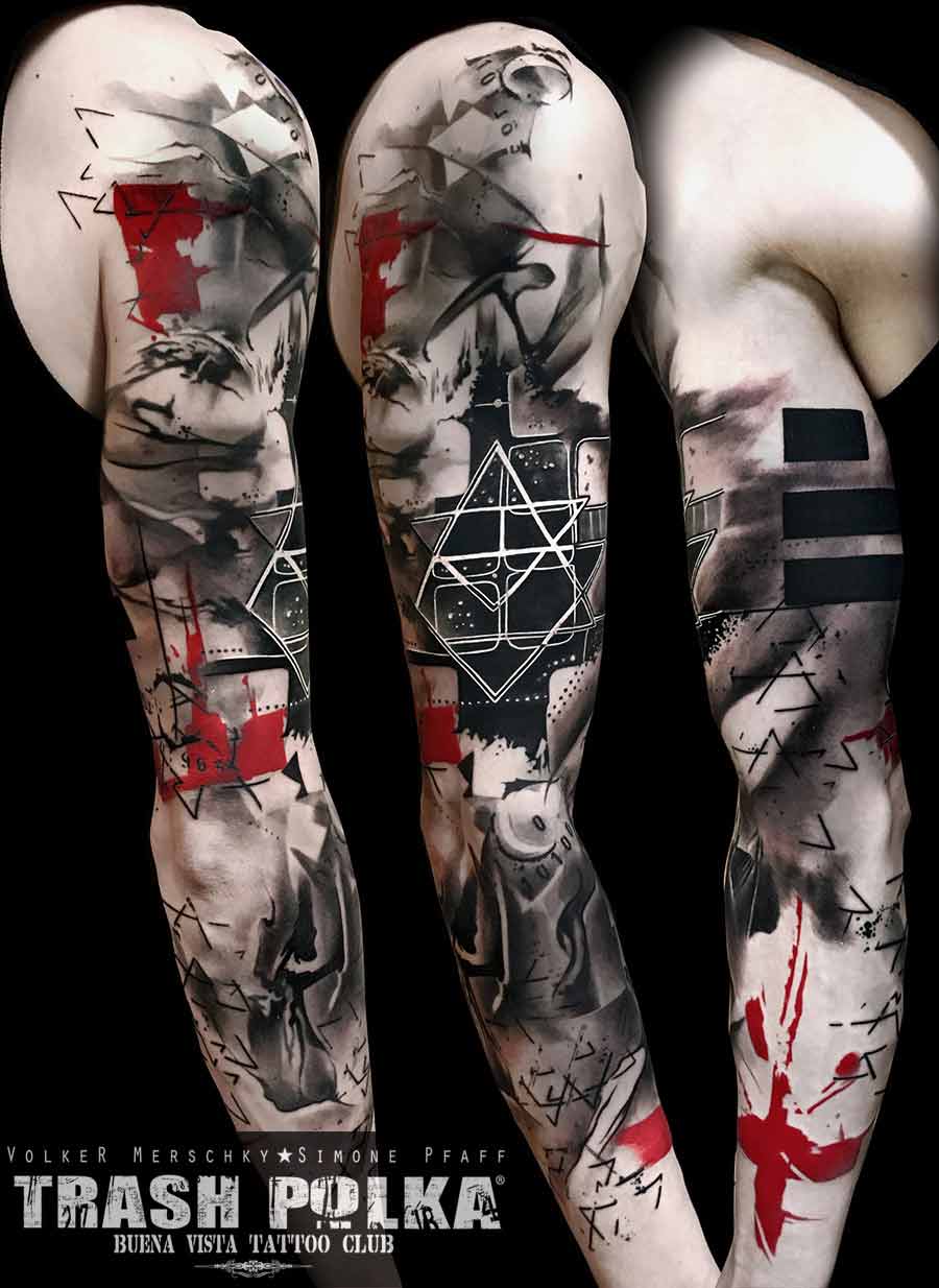 trash polka tattoo arm geometric pattern and as contrast organic shading form and red graphic cross