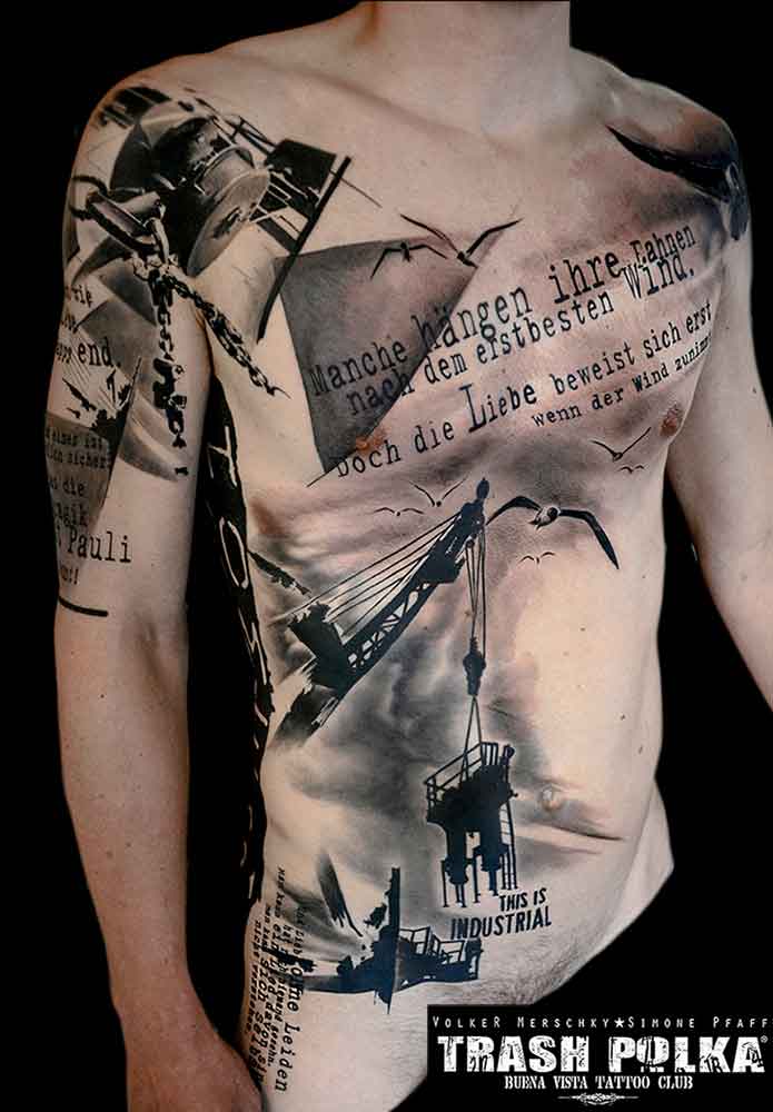 trash polka tattoo hamburg harbor detail shot with writing and seagulls on the upper arm and upper body