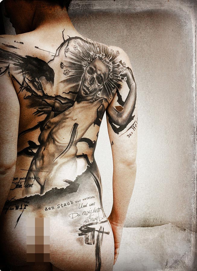 model photography of a girl with a dark, gloomy tattoo on her back that stretches down to her thigh, a mix of realistic, modern, antrogyn jesus likeness and graphic elements