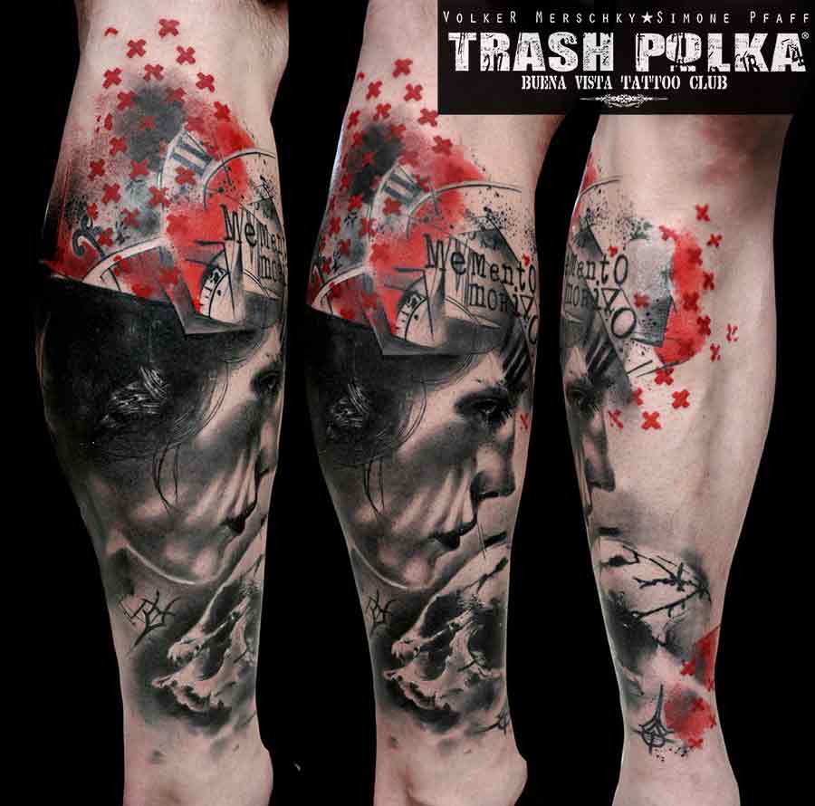trash polka tattoo memento mori calf tattoo
