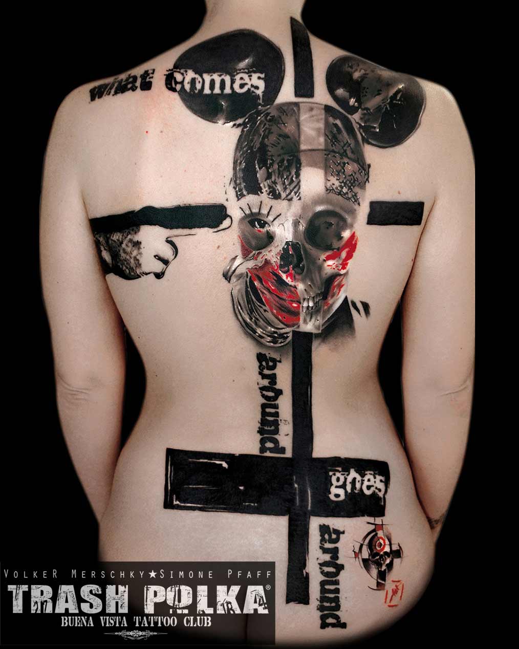 trash polka tattoo on a women back the reckoning with the mickey mouse one of the first trash polka tattoos