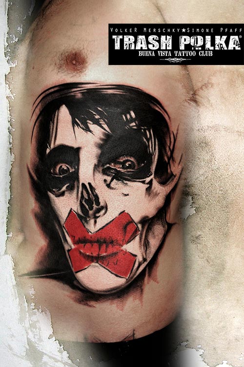 trash polka tattoo human face hald skull red cross over the lipps