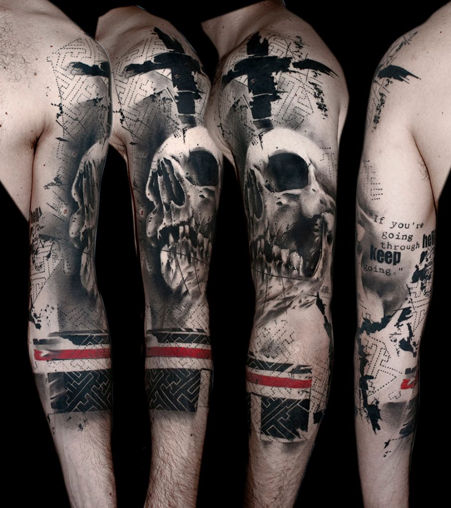 trash polka tattoo on arm with dot negativ pattern and a human skull