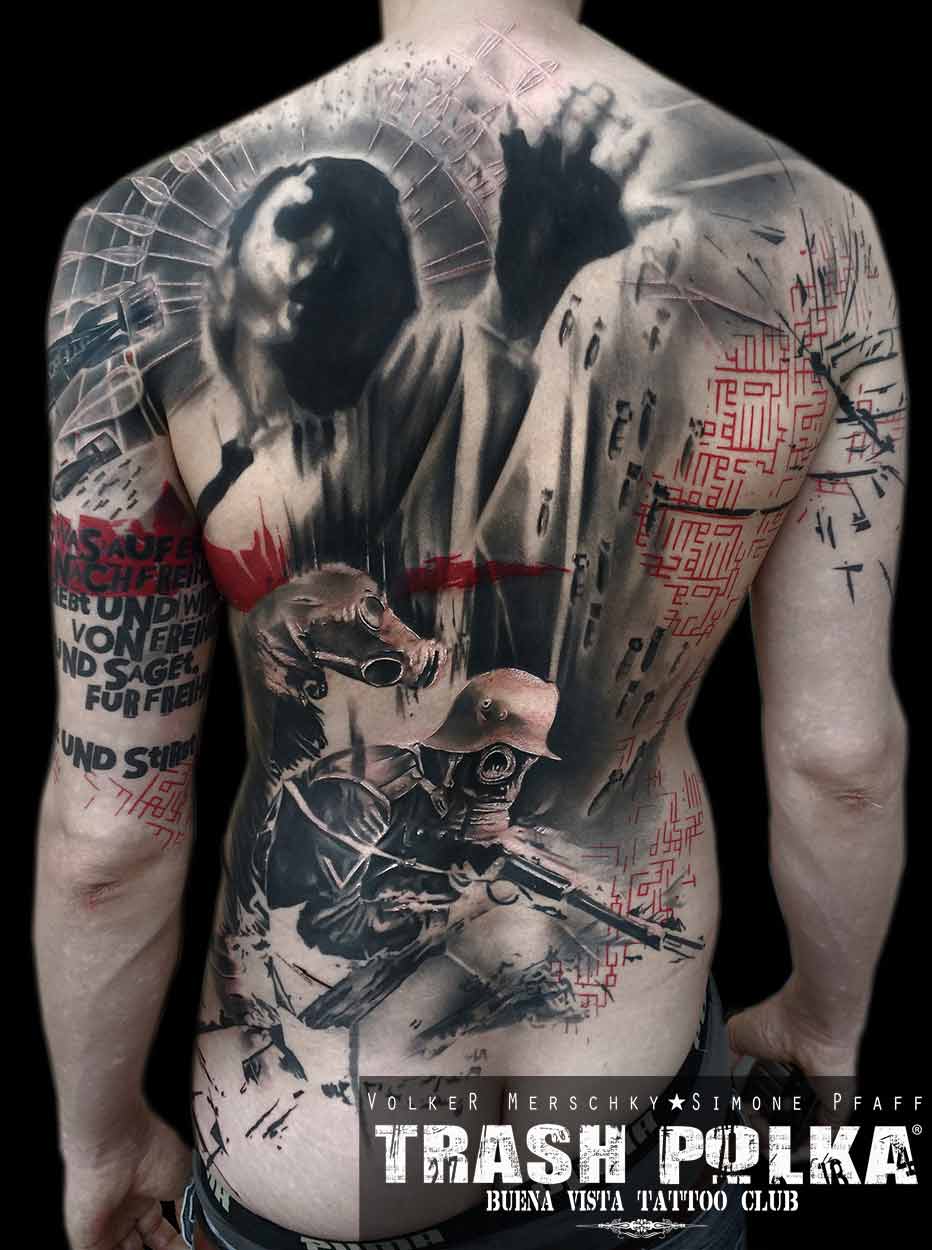 trash polka arm tattoo shows on the back a soldier with gas mask and dog with gas mask from WW1 and a ghost begging for help