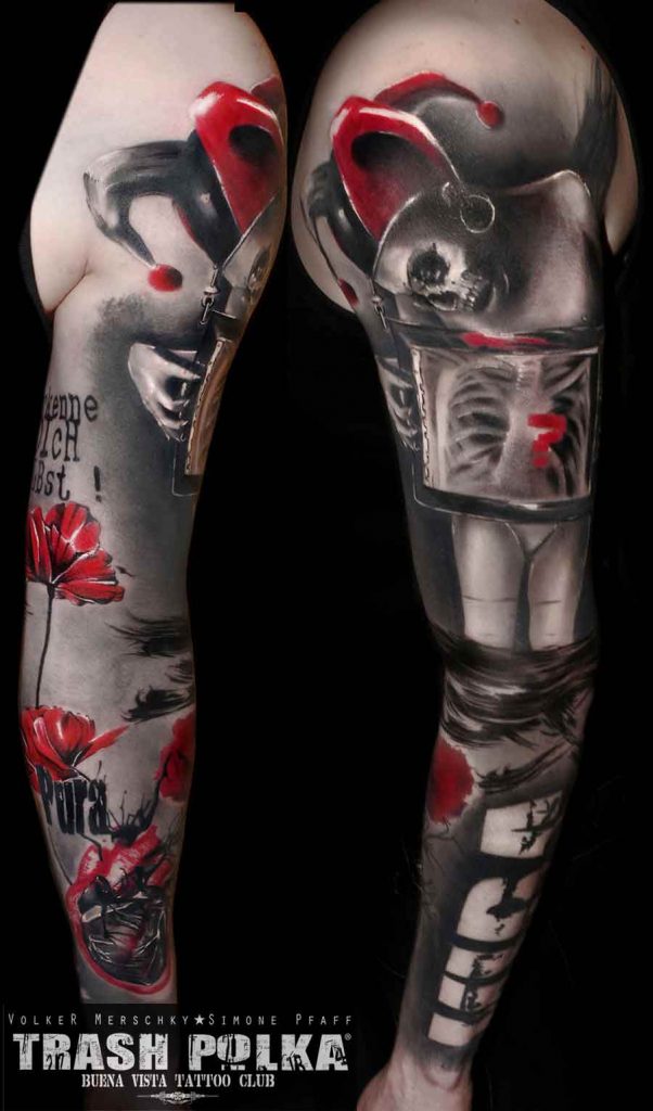 trash polka arm tattoo a sad clown xray skeleton pura vida letters and red poppy flowers an a human heart