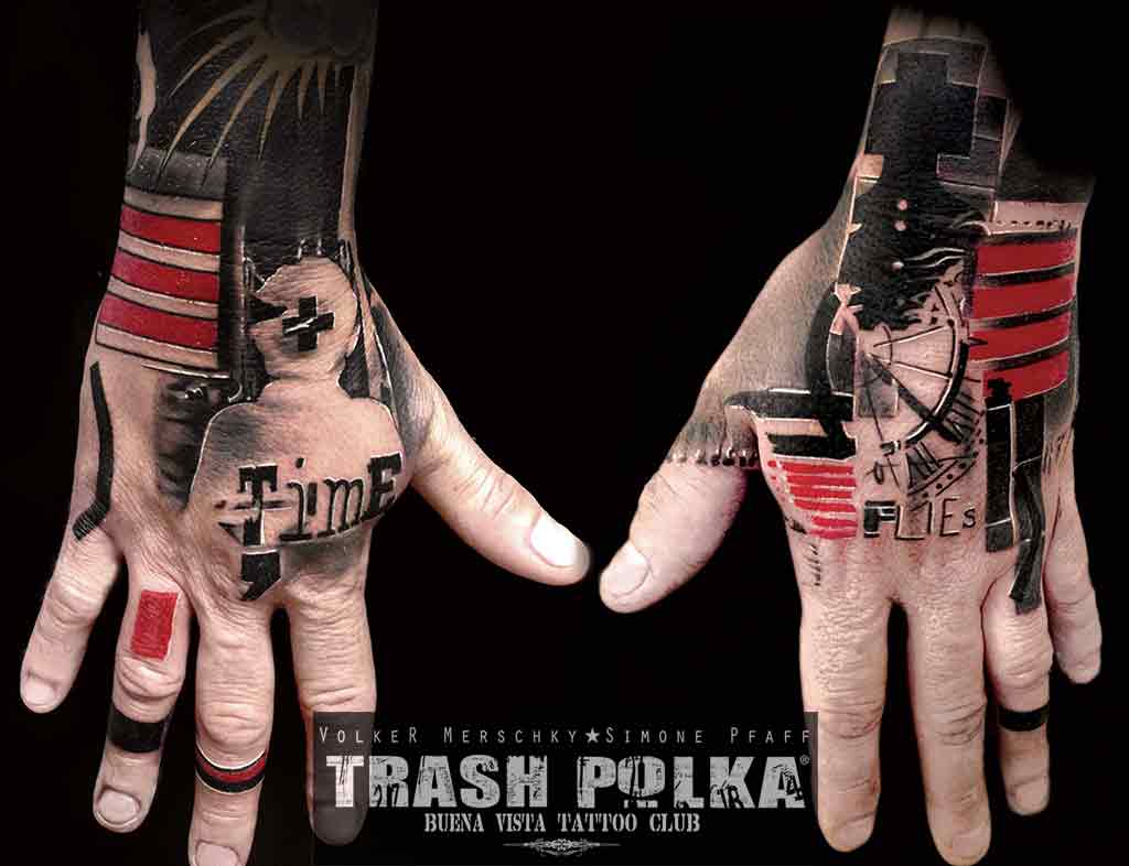 trash polka tattoo both hand right hand abstract man and time letter left side black and red graphics