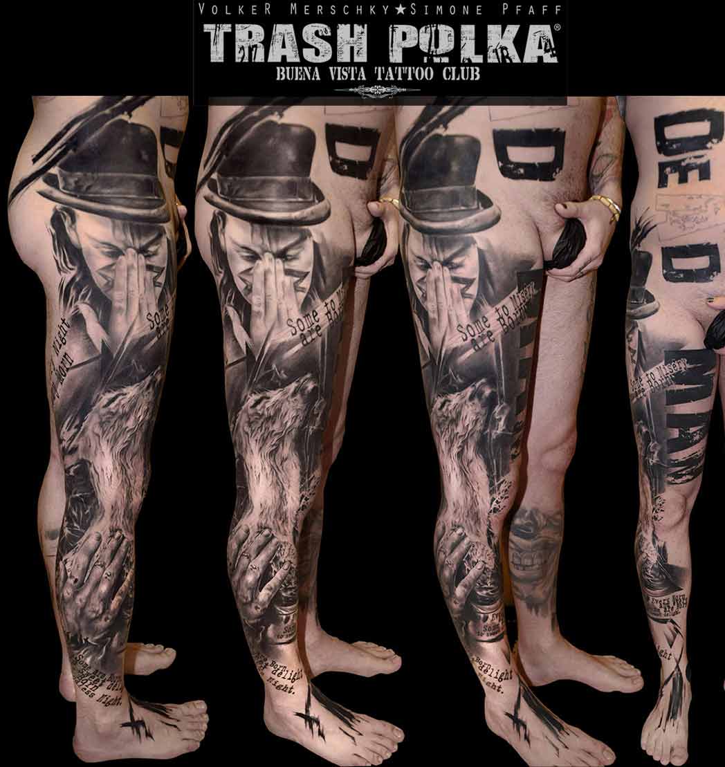 a trash polka tattoo on the leg features a film-inspired deadman tattoo