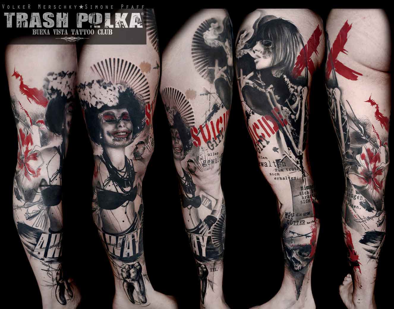 trash polka leg-leg tattoo with smoking woman in red black