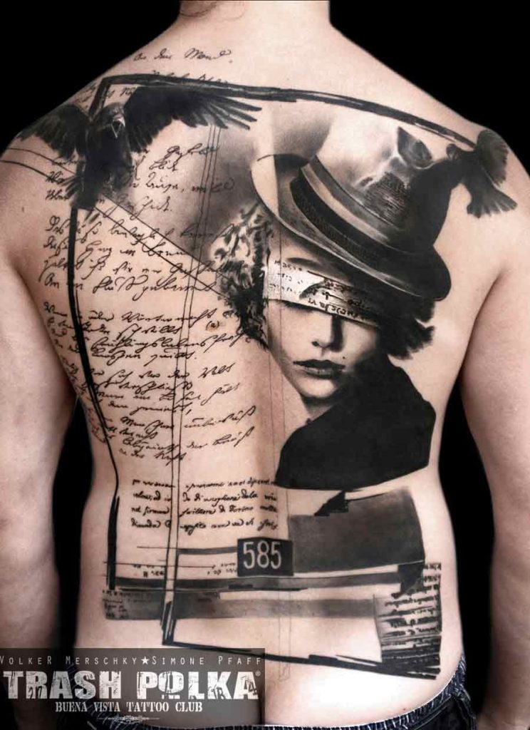 back trash polka tattoo on a man back is a beauty with head and the eyes or covered letters around a graphic art only black shadings
