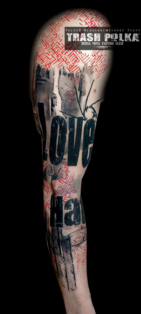 trash polka tattoo love and hate in bold letters red pattern