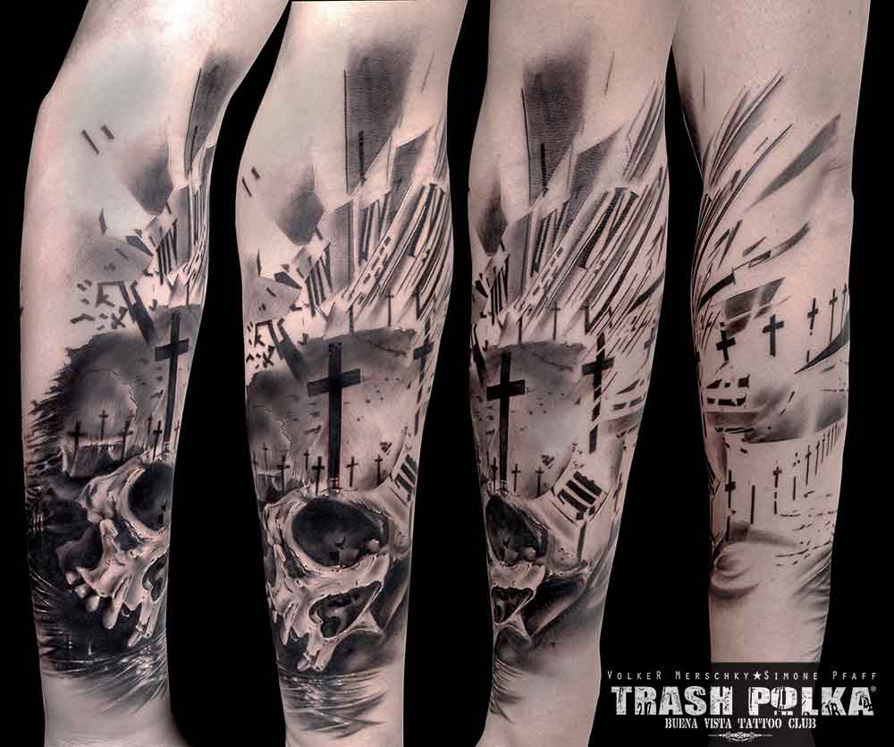 trash polka tattoo skull with stylized graveyard mixed with numbers