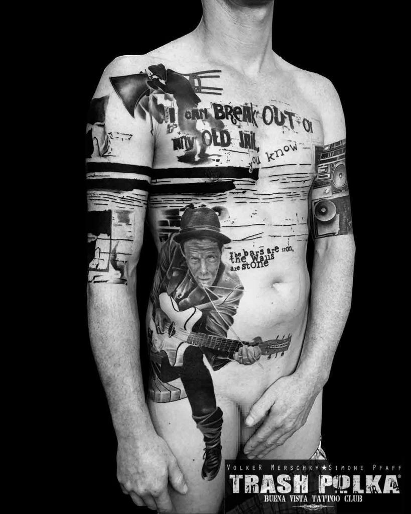 large trash polka tattoo tom waits musician with guitar and speakers