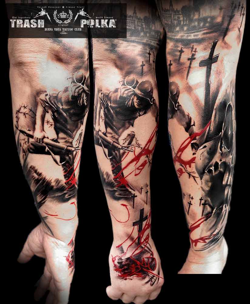 trash polka tattoo on a forearm shows a war scene and graves in a perspective background included the hand and a skull with barbed wire goes around the complete arm