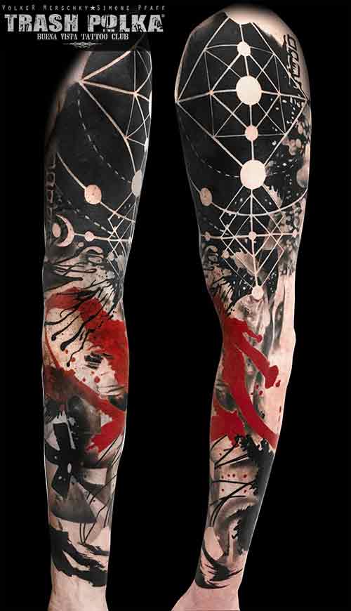 trash polka arm tattoo space geometric art with ink brush strokes in red