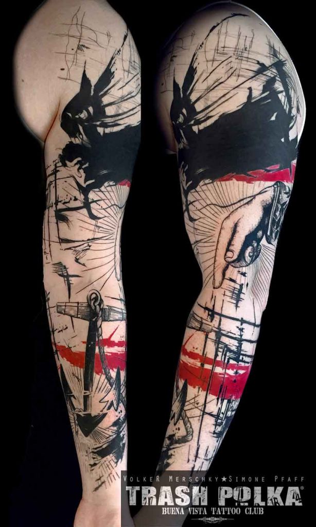 trash polka tattoo bold cover up and red graphic abstract art