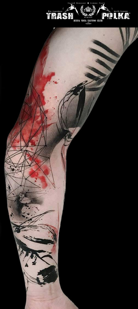 black trash polka tattoo arm inside 3d construct red ink splash and ink