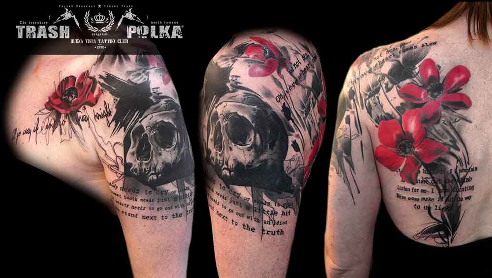 Trash polka tattoo of a skull with red flowers and lettering on a lady's arm towards the back and chest