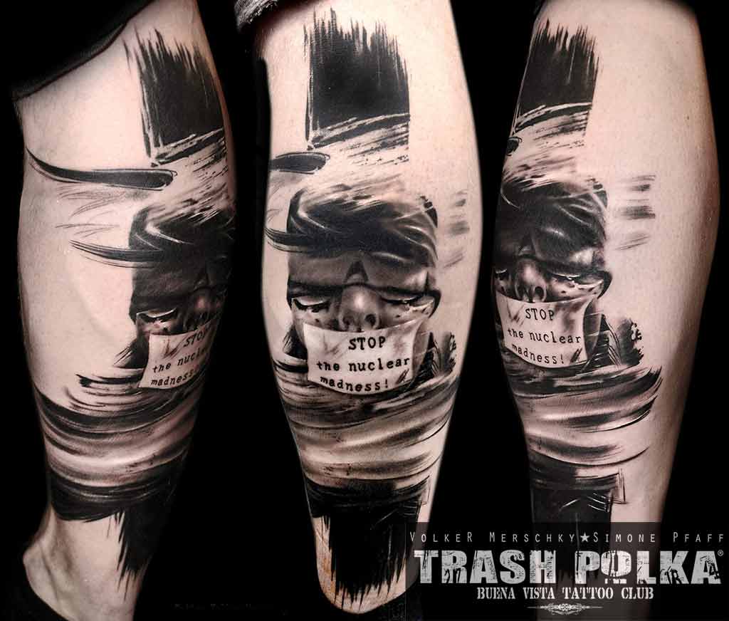 trash polka tattoo calf stop nuclear power face overed eyes