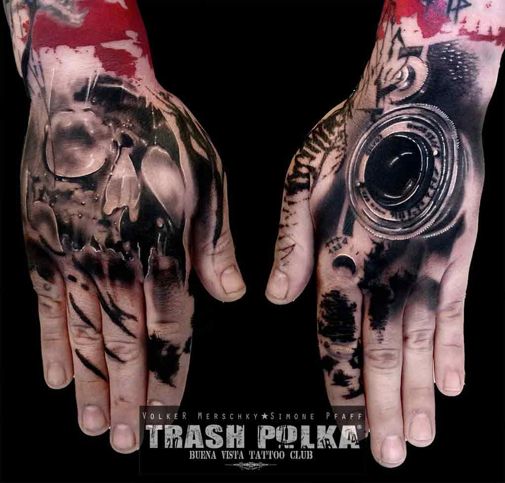 trash polka tattoo both hand right hand camera objective left side solarized skull red graphics