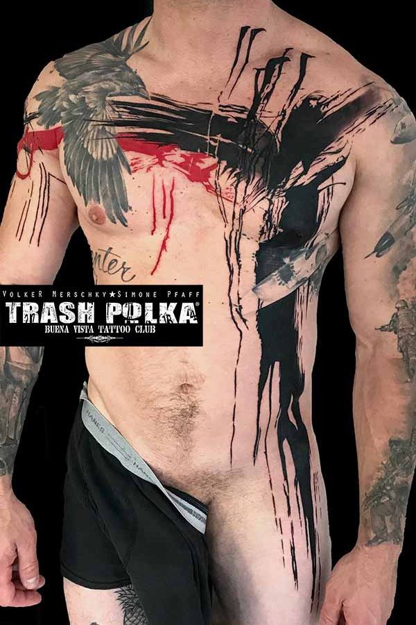 merging of old tattoos in trash polka style large brush strokes