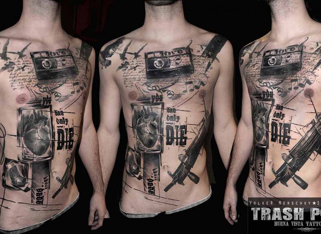 trash polka upper body tattoo music cassette human heart maschine gun ak47 tattoo