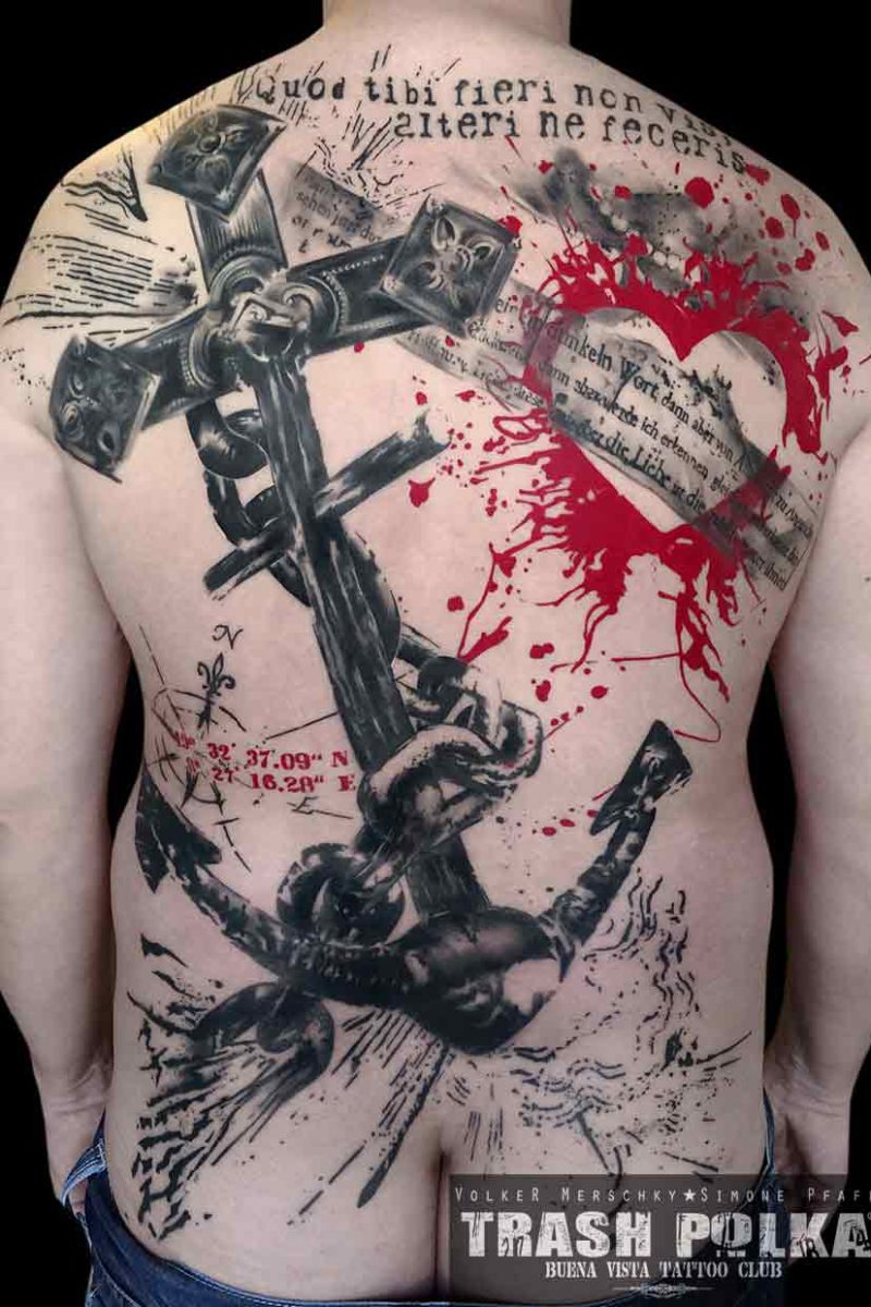 trash polka back piece tattoo believe hope love symbole anker jesus cross and a heart in graphic way