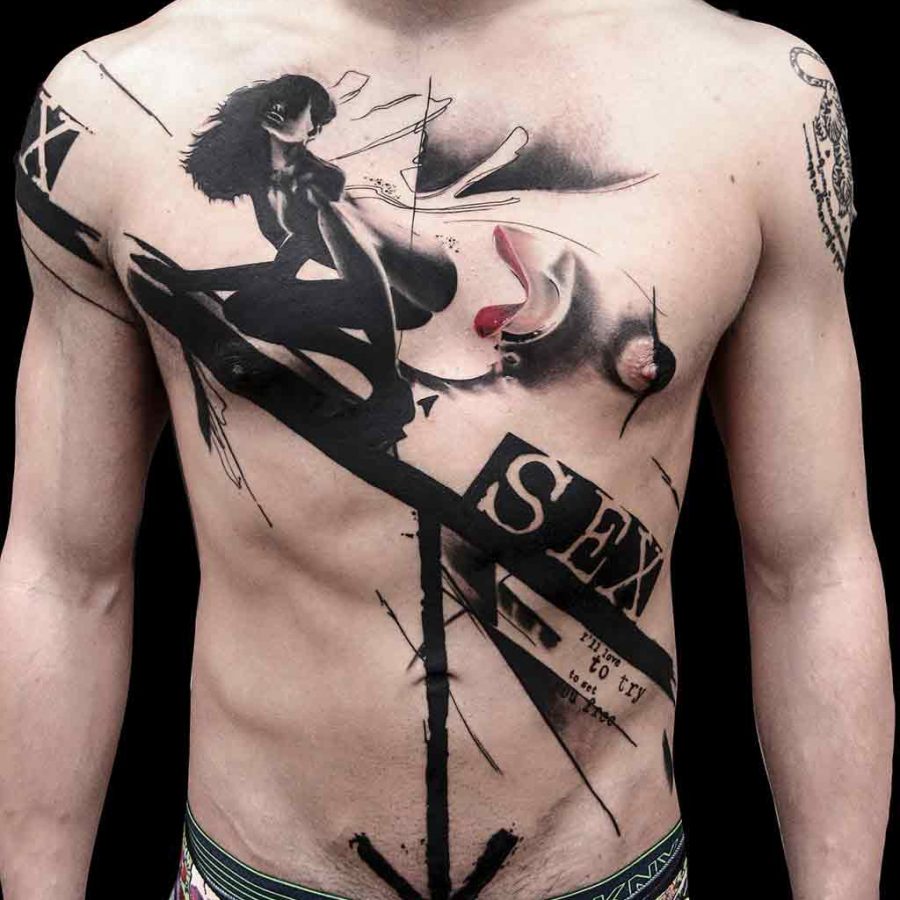 trash polka tattoo upper front body of a man theme sex-it shows a sexy woman being snapped by a fish with red lips